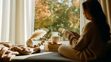 Young woman sitting on window sill with cup of tea or coffee.の素材