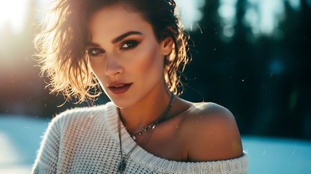 Portrait of a beautiful young brunette woman in a knitted sweater.の素材