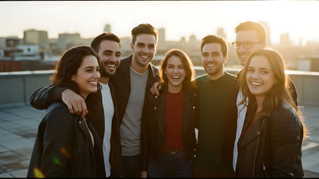Group of friends standing on roof and looking at camera with smiles.の素材