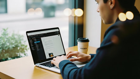 Side view of young businesswoman using laptop and holding coffee cup in cafeの素材