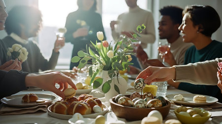 Group of diverse people having a dinner party at home. Selective focus.の素材