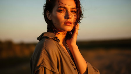 Portrait of a beautiful young brunette woman in a brown coat at sunsetの素材