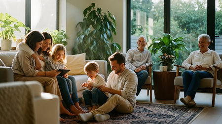 Happy family spending time together in the living room at home. They are sitting on the floor and using a tablet.の素材