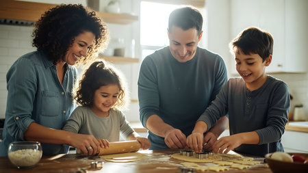 Happy family baking cookies in the kitchen. Mother, father and their children are preparing cookies.の素材