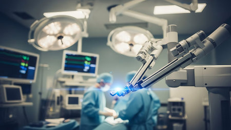 Surgeons in operating room with surgery equipment. Modern medical background.の素材