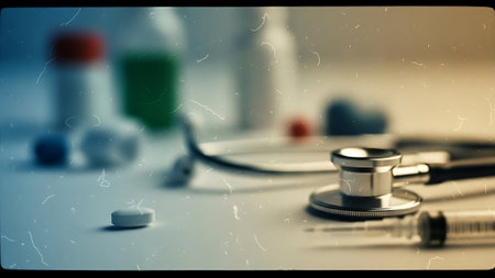 Stethoscope and pills on a table in a hospital. Selective focus.の素材