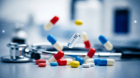 Close up of a stethoscope and pills on a table.の素材