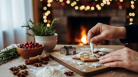 Woman decorating Christmas gingerbread cookies with icing sugar on wooden table in front of fireplaceの素材