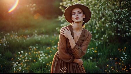 Portrait of a beautiful girl in a hat and dress in the fieldの素材