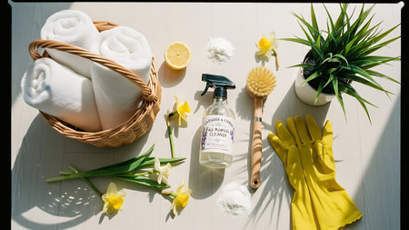 Flat lay composition with cleaning products and spring flowers on white wooden tableの素材