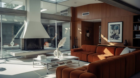 Modern living room interior with orange sofa and coffee table. 3d renderの素材