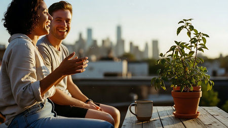 Young couple sitting on terrace with cup of coffee and mobile phoneの素材