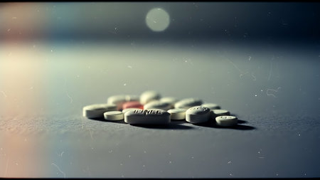 Pharmaceutical pills and tablets on a table. Close up.の素材