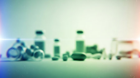 Medical vials and syringes on the table. Blurred backgroundの素材