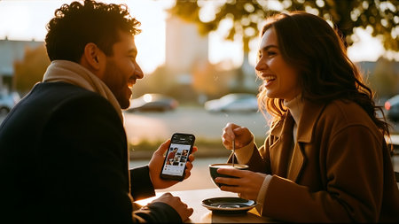 Image of happy young loving couple outdoors drinking coffee using mobile phone.の素材