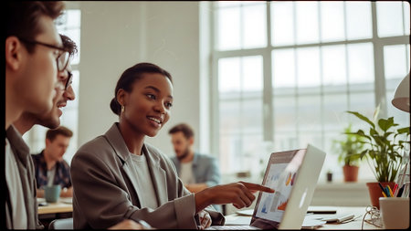 Smiling african american businesswoman pointing at computer screen in officeの素材