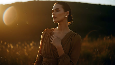 Portrait of a beautiful young woman in a brown dress at sunsetの素材
