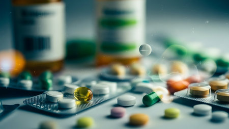 Pills and capsules on a light background. Close-up.の素材