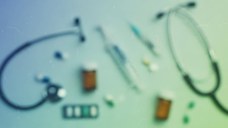 Medical background with stethoscope, pills and syringes.の素材