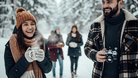 Beautiful young couple is drinking coffee and smiling while walking in the winter forest.の素材