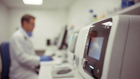 Close-up of medical equipment in a modern laboratory, blurred backgroundの素材
