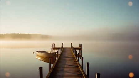 Wooden jetty on a foggy lake in the morning.の素材