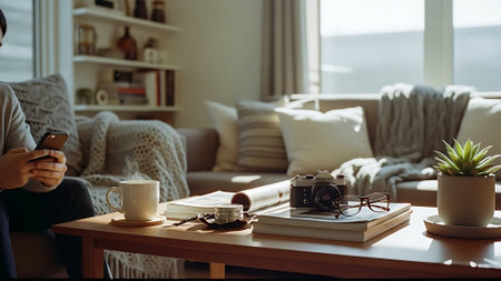 Cropped image of woman using mobile phone while sitting on sofa at homeの素材