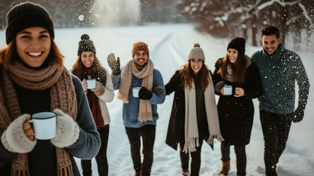 Group of friends in winter clothes holding cups of hot drink and smiling outdoorsの素材