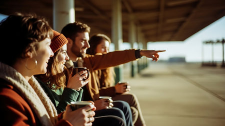 Group of friends sitting on bench and drinking coffee. They are pointing at somethingの素材