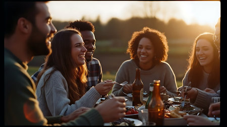 Group of friends having dinner together. Cheerful young people having dinner together while sitting at the table outdoorsの素材