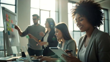 Smiling businesswoman using digital tablet in office with colleagues on backgroundの素材