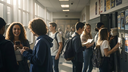 Group of diverse students in the hallway of a school. Group of young people using mobile phones while standing in the corridor.の素材