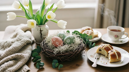 Easter table setting with eggs, tulips and croissantsの素材