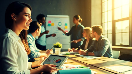 business, startup and people concept - smiling businesswoman with tablet pc computer in office meetingの素材