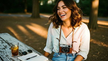 cheerful young woman with camera sitting at table in park and smilingの素材