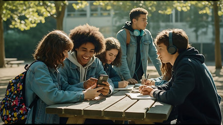 Multiethnic group of young students sitting at a table in an outdoor cafe, using mobile phonesの素材