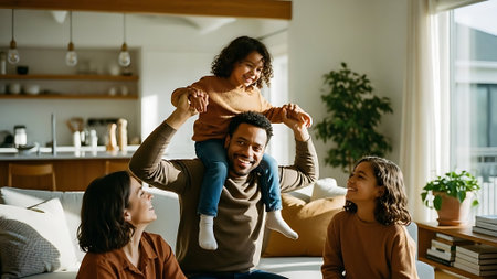 cheerful african american family having fun on sofa at homeの素材