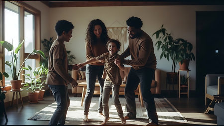 Happy family is having fun at home. Mother, father and daughter are dancing together.の素材