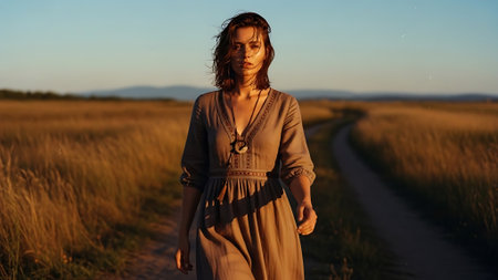 Beautiful young woman walking in the field at sunset. The girl is wearing a long dress.の素材