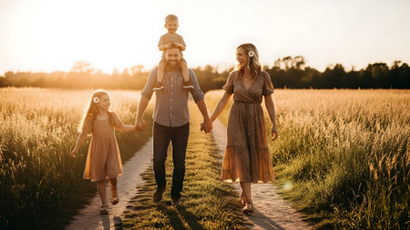 Happy family walking in the field at sunset. Mother, father and daughter are having fun.の素材