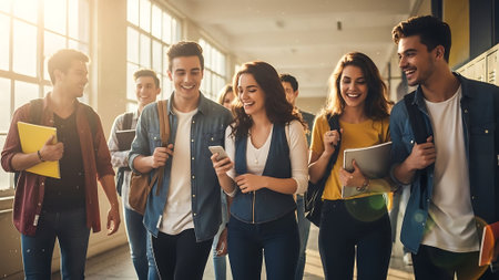 Group of students are using smartphones and smiling while standing in university corridor.の素材