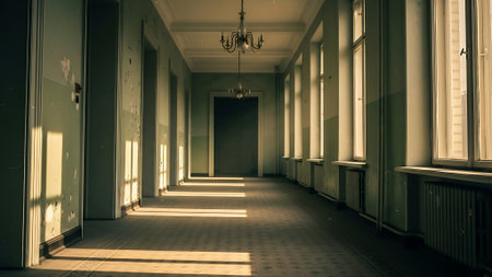 Sunlit Empty Hallway in Historic Building Interiorの素材
