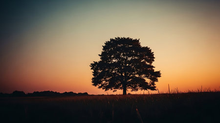 Lonely tree in the field at sunset. Vintage style.の素材