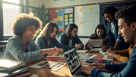 Group of multiethnic startup business people on meeting in modern bright office interior brainstorming, working on laptop and tablet computerの素材