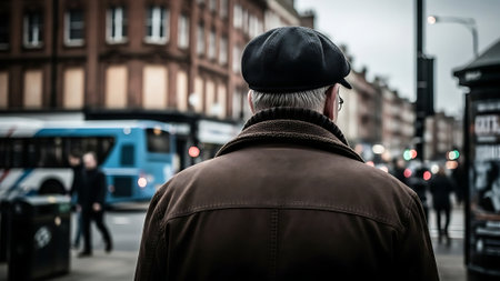 A rear view of a man wearing a cap and a jacket walking in the street.の素材