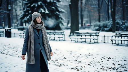 Beautiful young woman in a coat and a knitted hat walks in the winter park.の素材