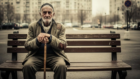 Elderly man with walking stick sitting on bench in the cityの素材
