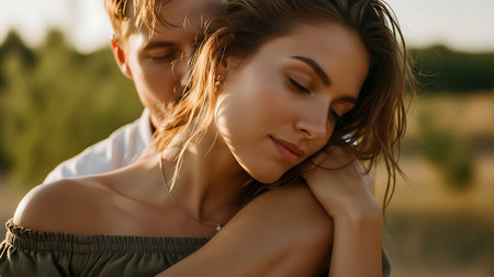 Close-up portrait of a young couple in love, outdoors.の素材