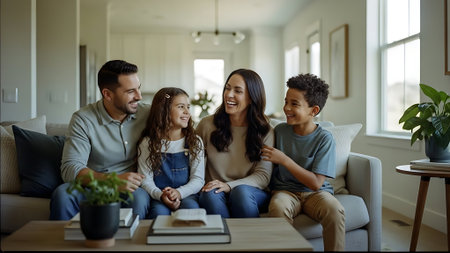 Portrait of happy family sitting on sofa in living room at homeの素材