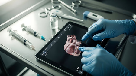 Close-up of a doctor's hands in blue gloves holding a tablet with an image of the heartの素材